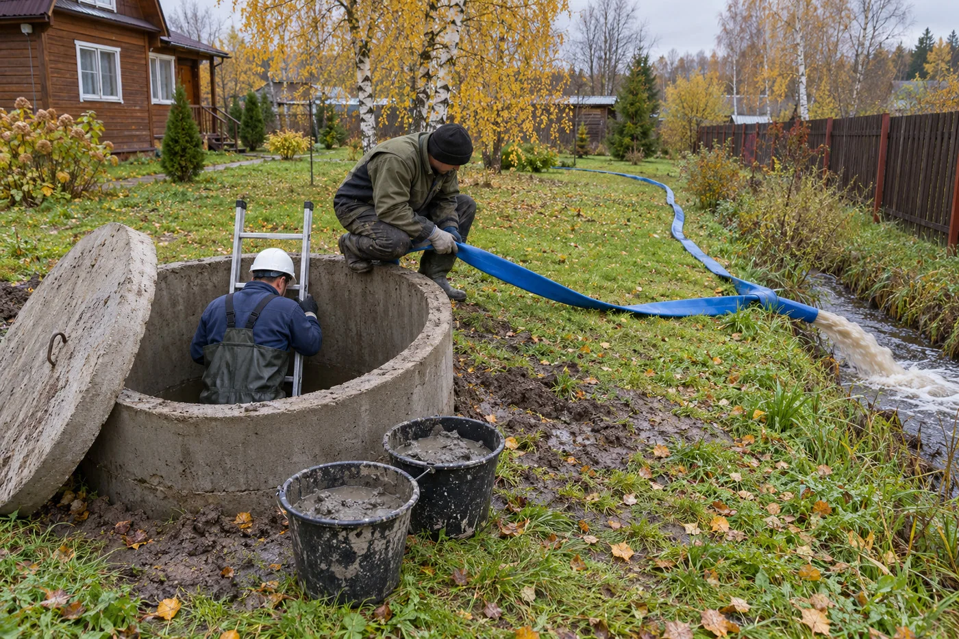Чистка колодца: мастер в шахте, напарник откачивает воду дренажным насосом
